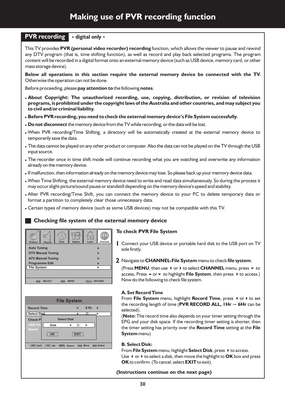 页 30, Making use of pvr recording function, Pvr recording | Digital only, Instructions continue on the next page) | Palsonic N111 TFTV553LEDR User Manual | Page 30 / 40