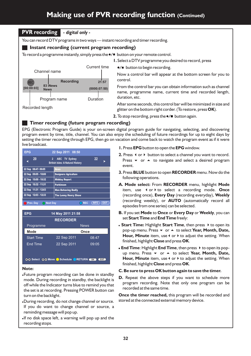页 32, Making use of pvr recording function, Pvr recording | Continued), Digital only, Instant recording (current program recording), Timer recording (future program recording) | Palsonic N111 TFTV553LEDR User Manual | Page 32 / 40