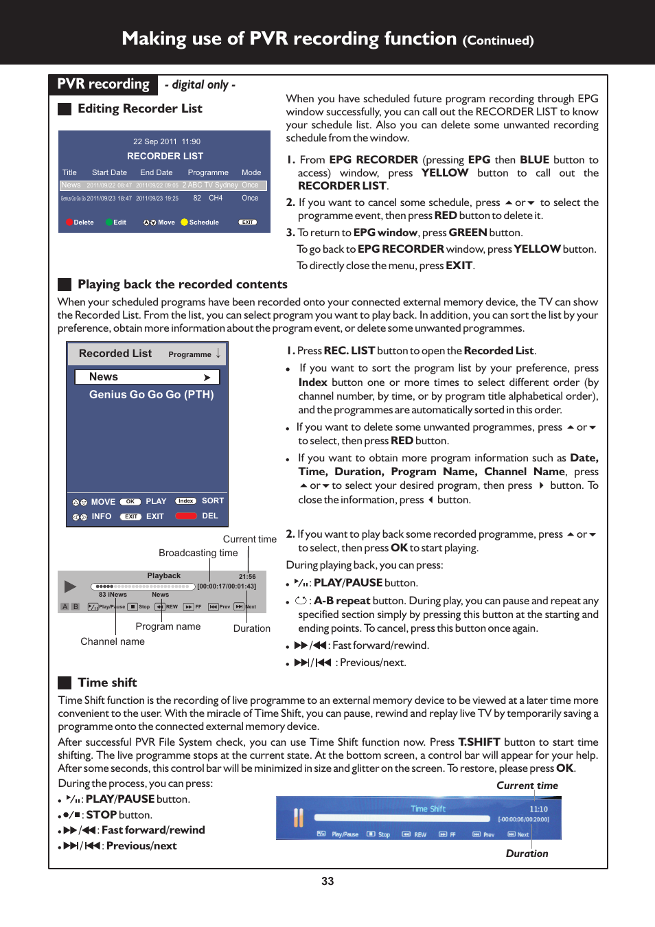 页 33, Making use of pvr recording function, Pvr recording | Continued), Time shift | Palsonic N111 TFTV553LEDR User Manual | Page 33 / 40