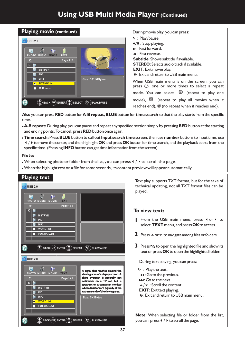 页 37, Using usb multi media player, Playing movie | Playing text, Continued) | Palsonic N111 TFTV553LEDR User Manual | Page 37 / 40