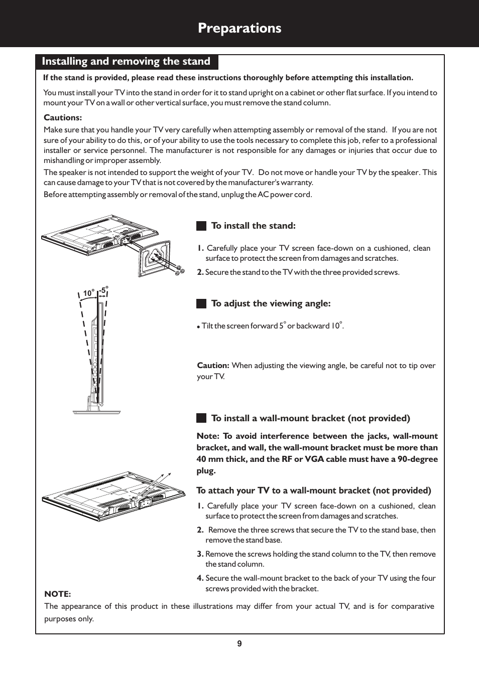 Preparations, Installing and removing the stand | Palsonic N111 TFTV553LEDR User Manual | Page 9 / 40
