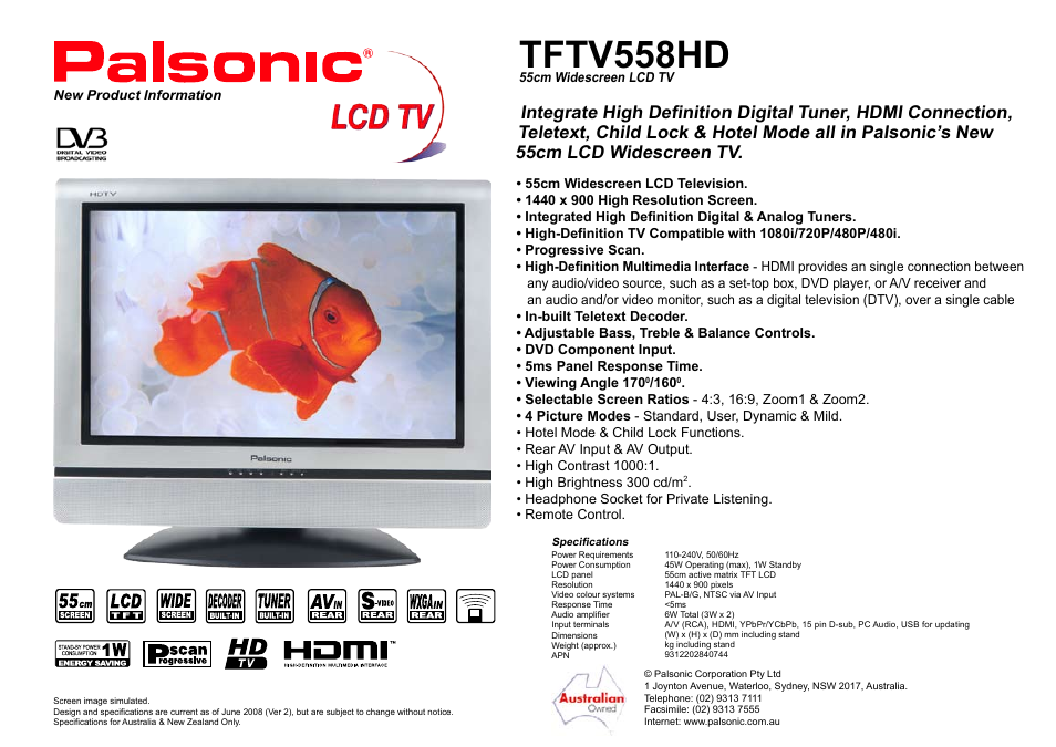 Palsonic TFTV558HD User Manual | 1 page