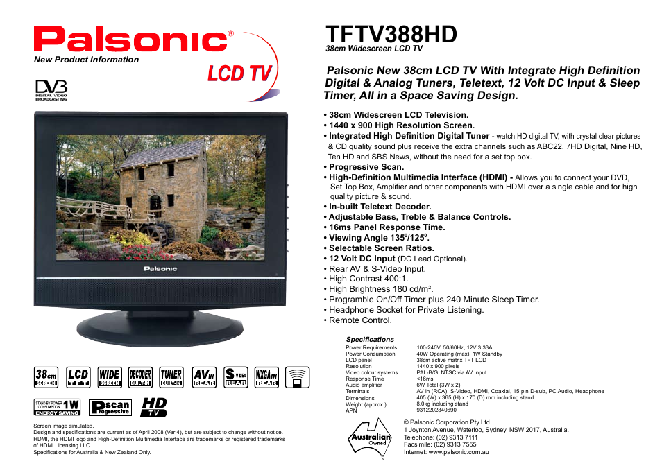 Palsonic TFTV388HD User Manual | 1 page