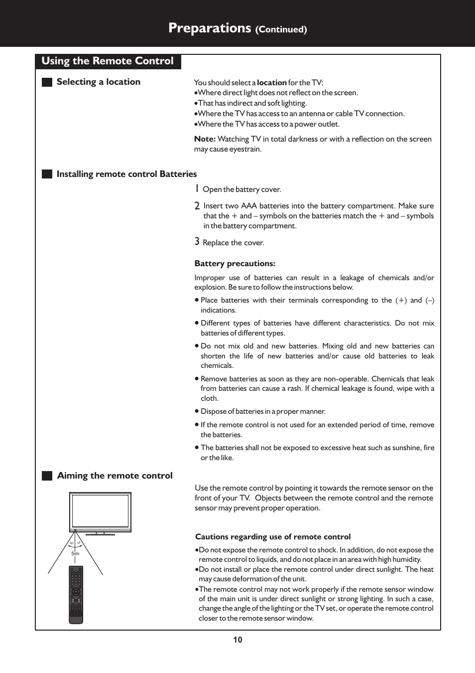 页 10, Preparations, Using the remote control | Palsonic TFTV325FL User Manual | Page 10 / 40