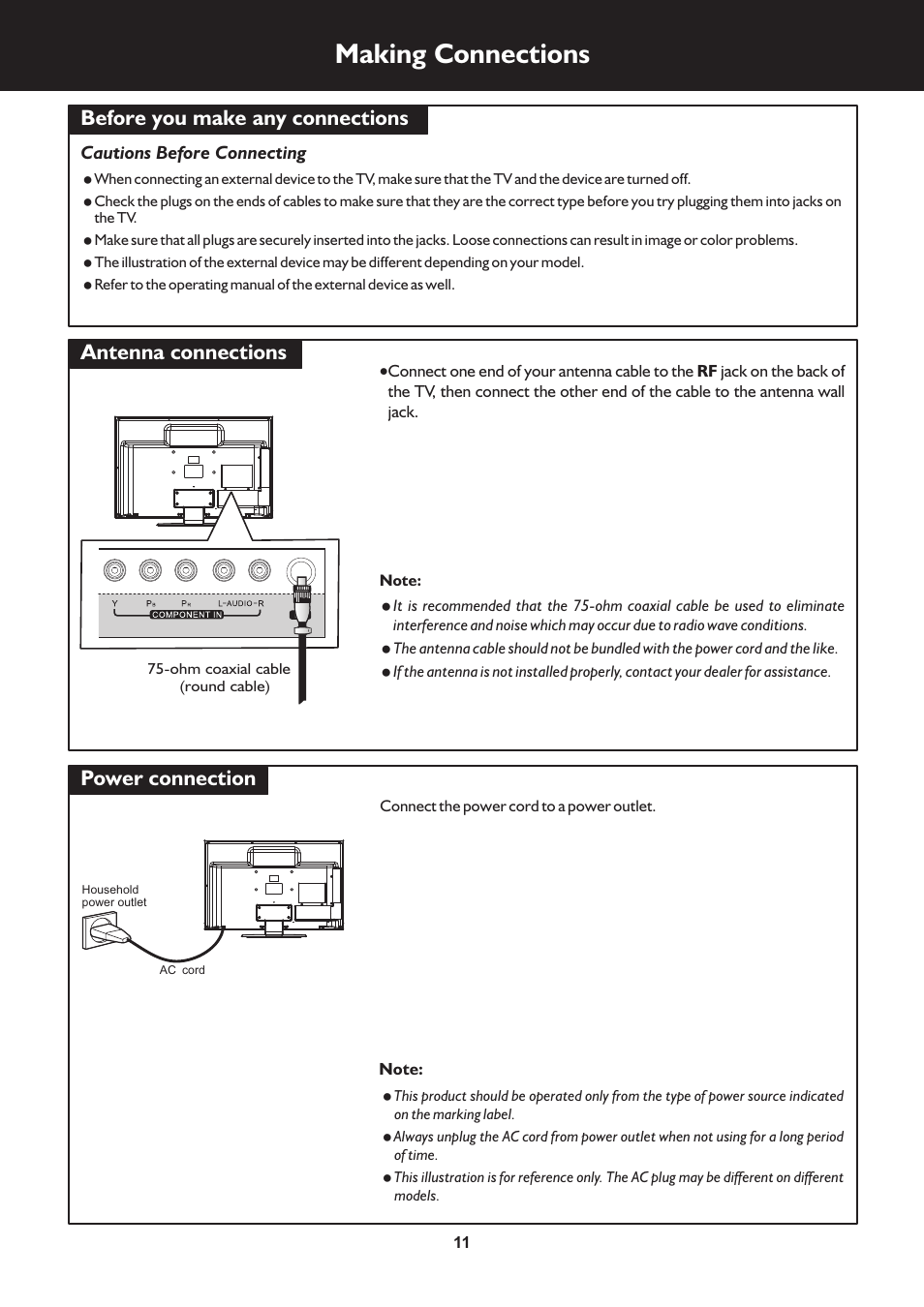 页 11, Making connections, Power connection | Palsonic TFTV325FL User Manual | Page 11 / 40
