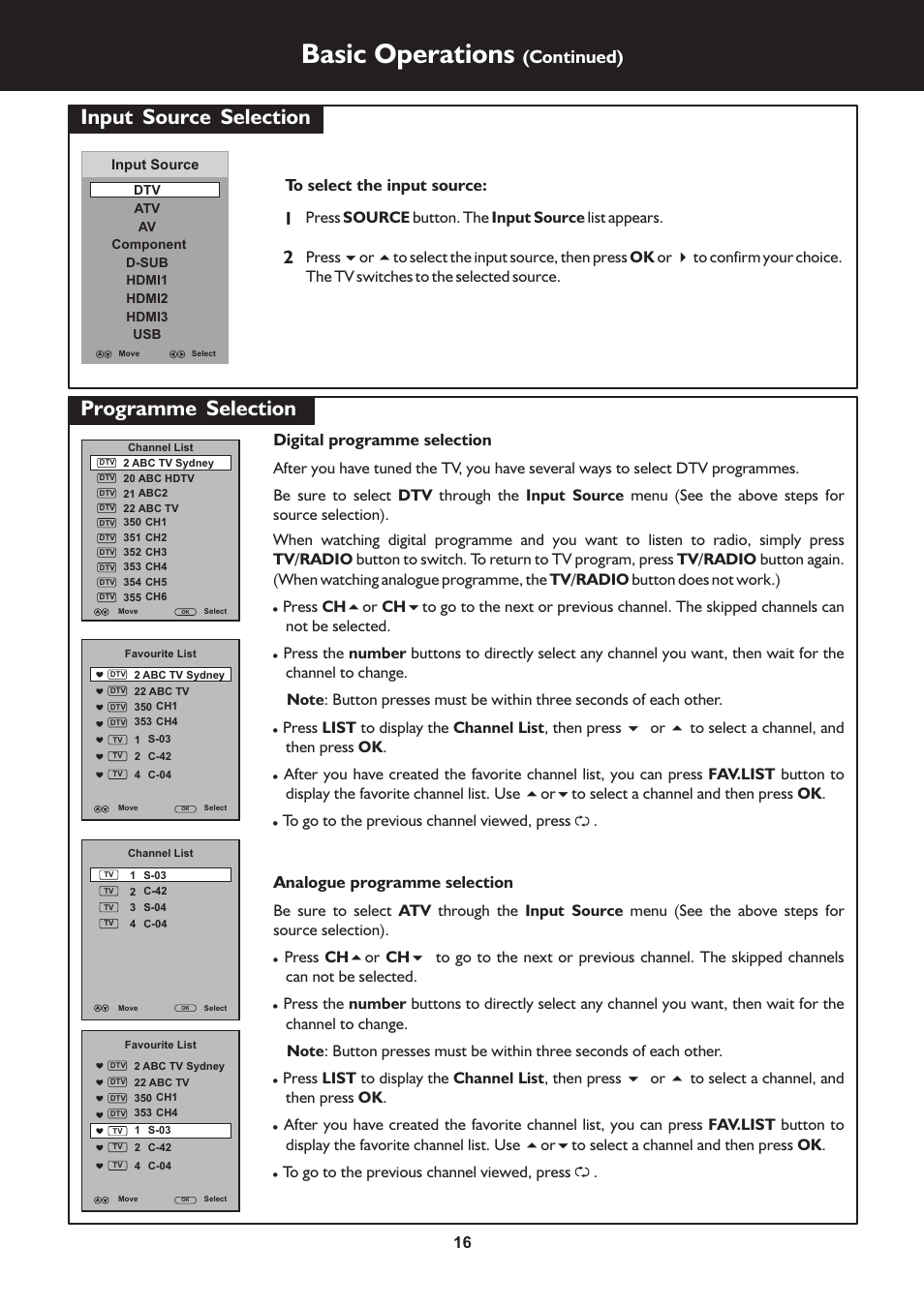 页 16, Basic operations, Input | Source, Selection, Programme, Continued), Analogue programme selection, Digital programme selection | Palsonic TFTV325FL User Manual | Page 16 / 40