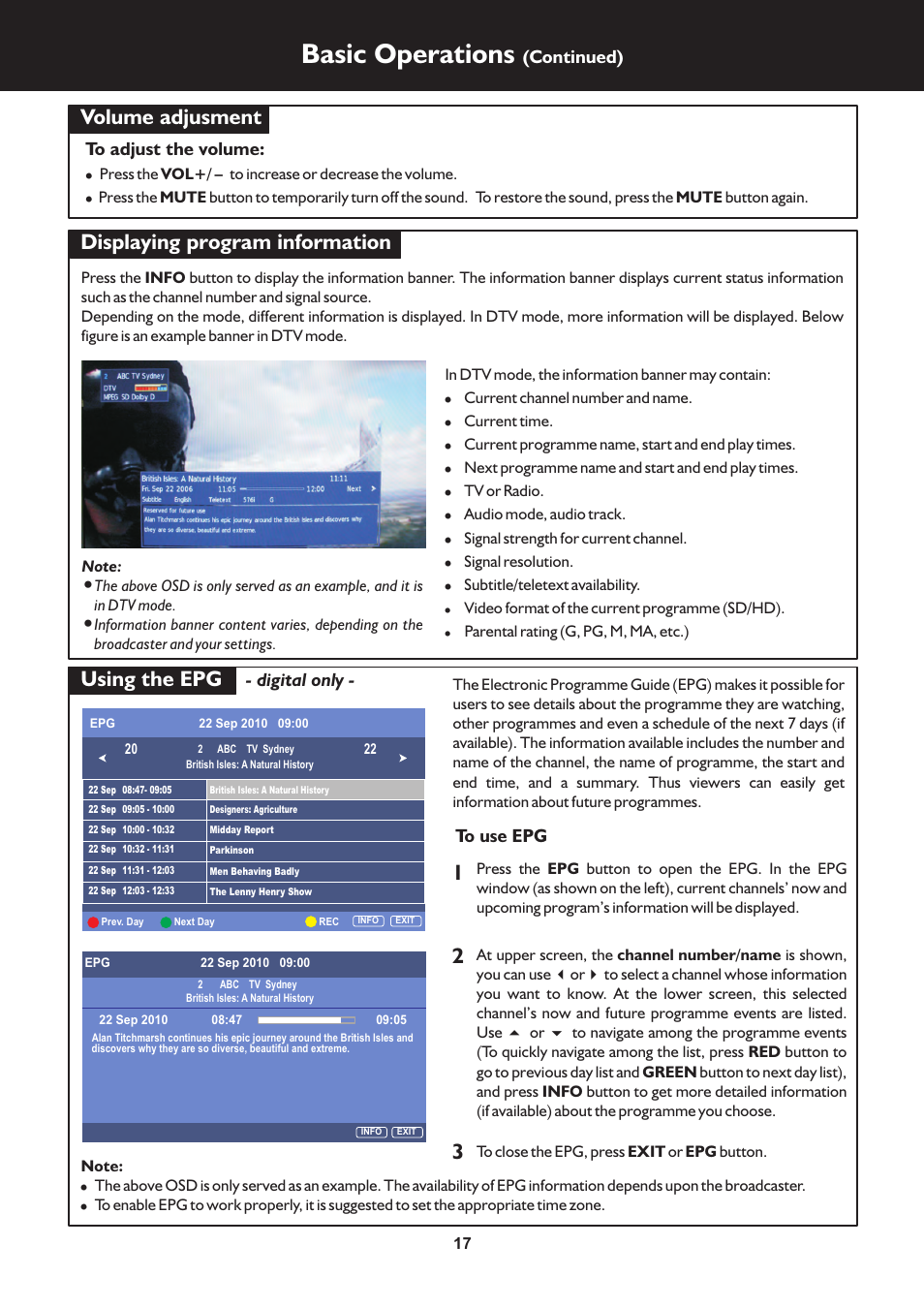 页 17, Basic operations, Volume adjusment | Displaying program information, Using the epg, Continued), Digital only | Palsonic TFTV325FL User Manual | Page 17 / 40