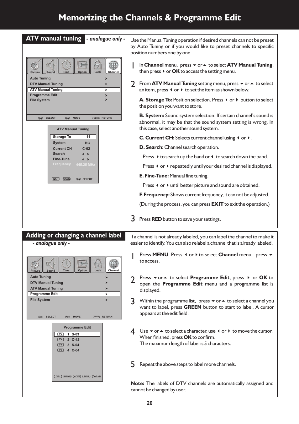 页 20, Atv manual tuning, Adding or changing a channel label | Analogue only | Palsonic TFTV325FL User Manual | Page 20 / 40