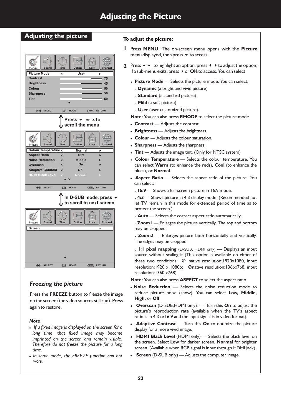 页 23, Adjusting the picture, Freezing the picture | Palsonic TFTV325FL User Manual | Page 23 / 40