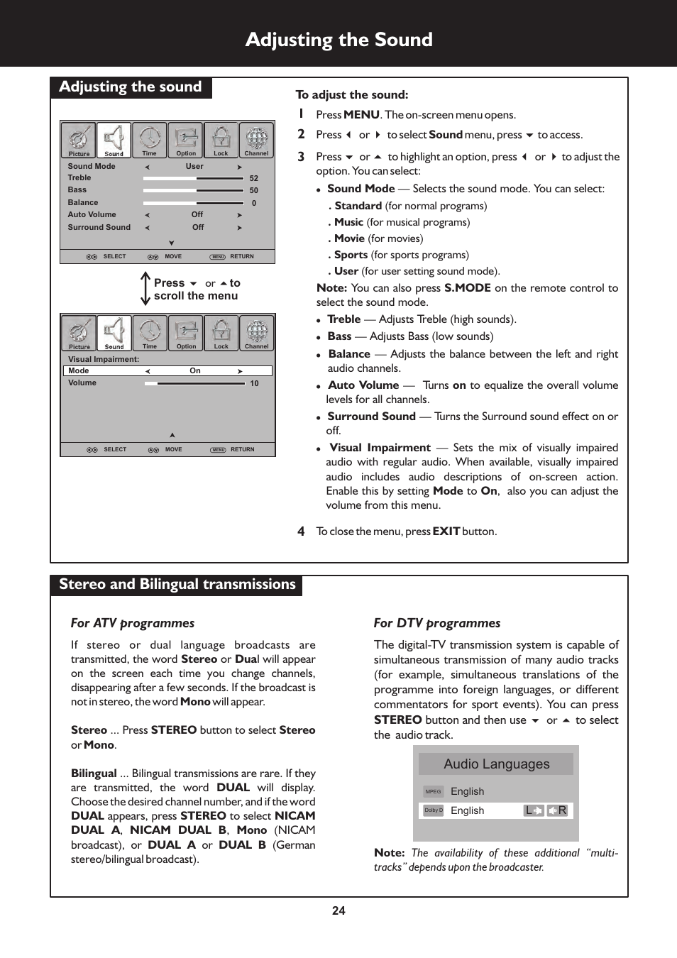 页 24, Adjusting the sound, For atv programmes | For dtv programmes, 4audio languages | Palsonic TFTV325FL User Manual | Page 24 / 40