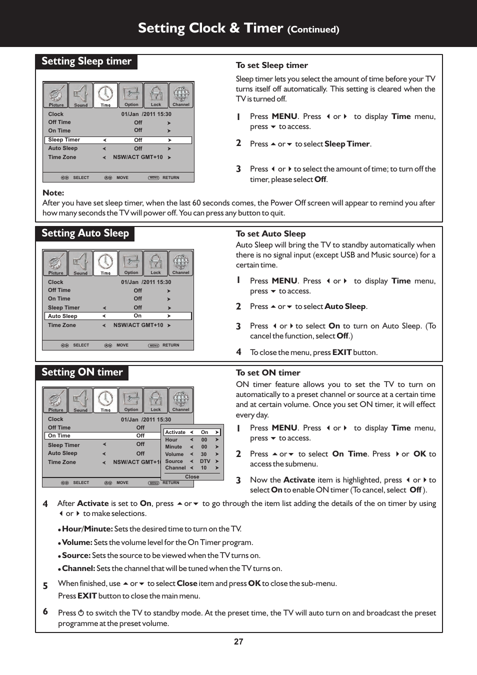 页 27, Setting clock & timer, Setting sleep timer | Setting auto sleep setting on timer, Continued) | Palsonic TFTV325FL User Manual | Page 27 / 40