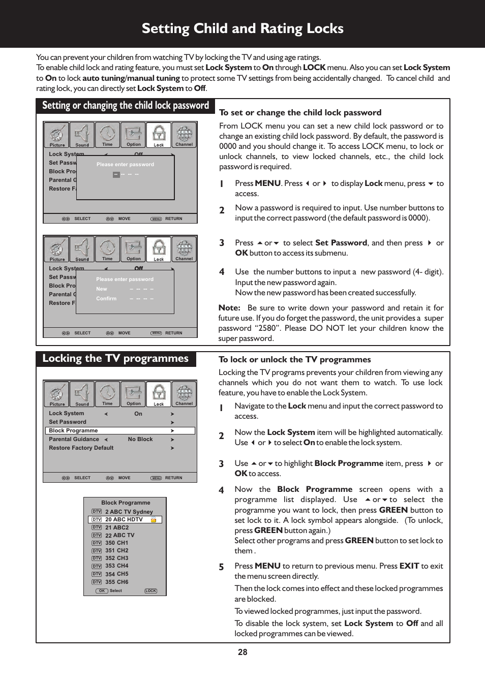页 28, Setting child and rating locks, Setting or changing the child lock password | Locking the tv programmes | Palsonic TFTV325FL User Manual | Page 28 / 40