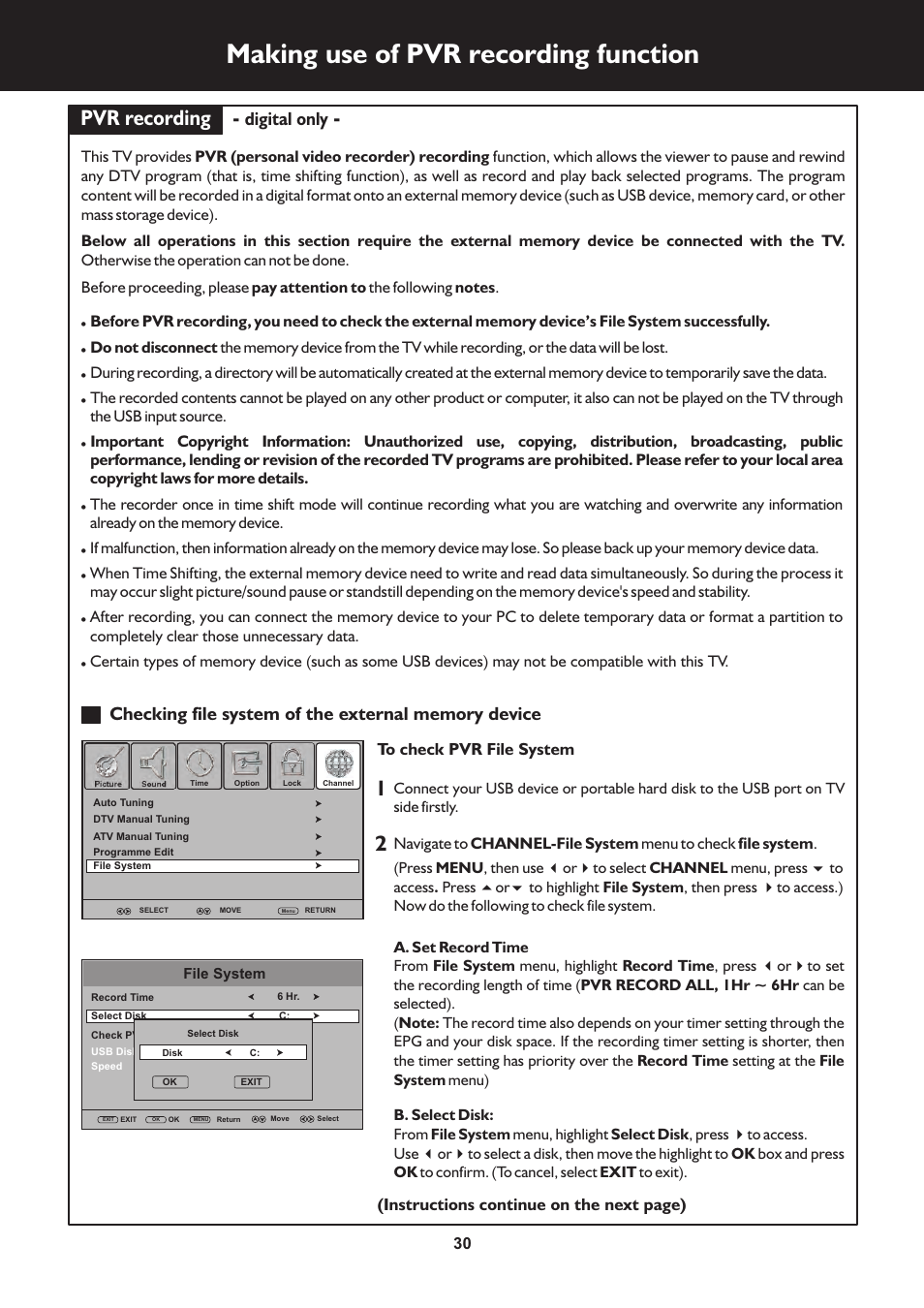 页 30, Making use of pvr recording function, Pvr recording | Digital only, Instructions continue on the next page) | Palsonic TFTV325FL User Manual | Page 30 / 40