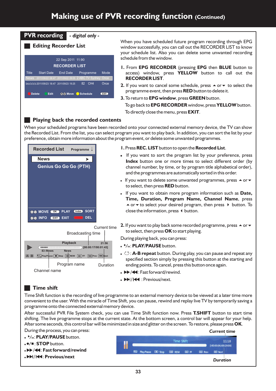 页 33, Making use of pvr recording function, Pvr recording | Continued), Time shift | Palsonic TFTV325FL User Manual | Page 33 / 40