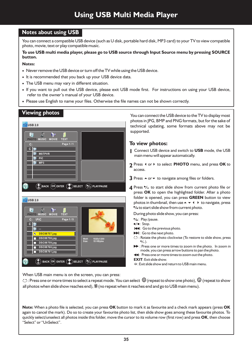 页 35, Using usb multi media player, Viewing photos | Palsonic TFTV325FL User Manual | Page 35 / 40