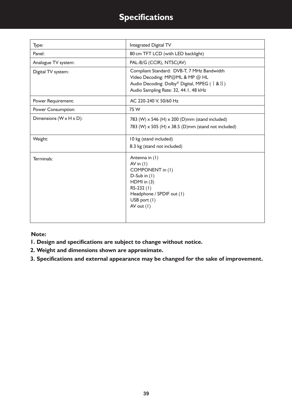 页 39, Specifications | Palsonic TFTV325FL User Manual | Page 39 / 40
