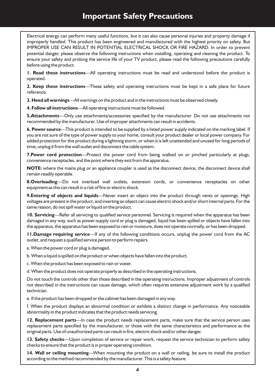 Important safety precautions | Palsonic TFTV325FL User Manual | Page 4 / 40