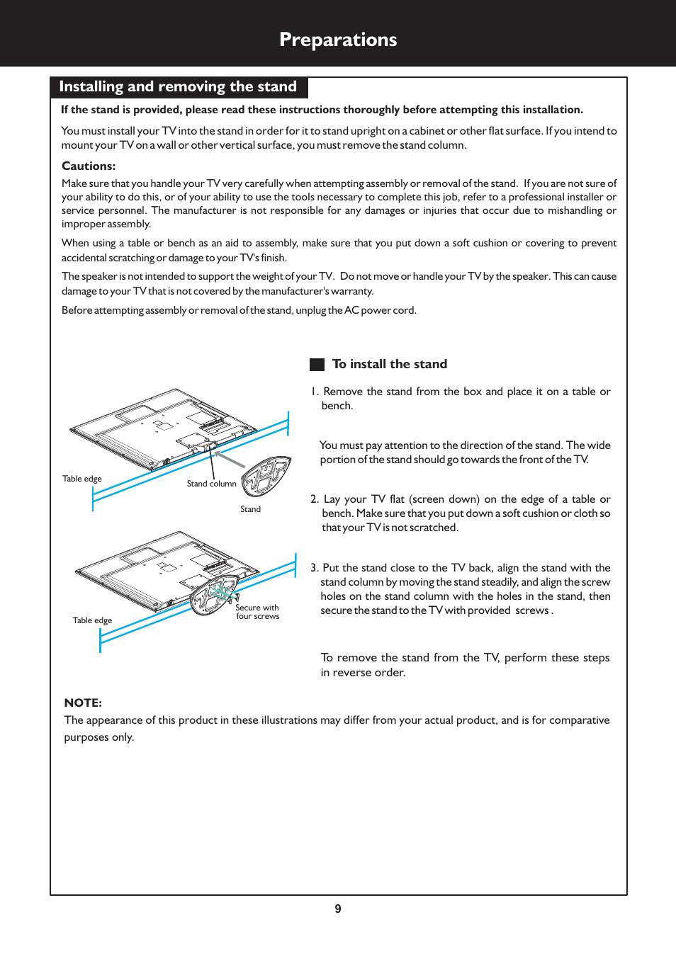 Preparations, Installing and removing the stand | Palsonic TFTV325FL User Manual | Page 9 / 40