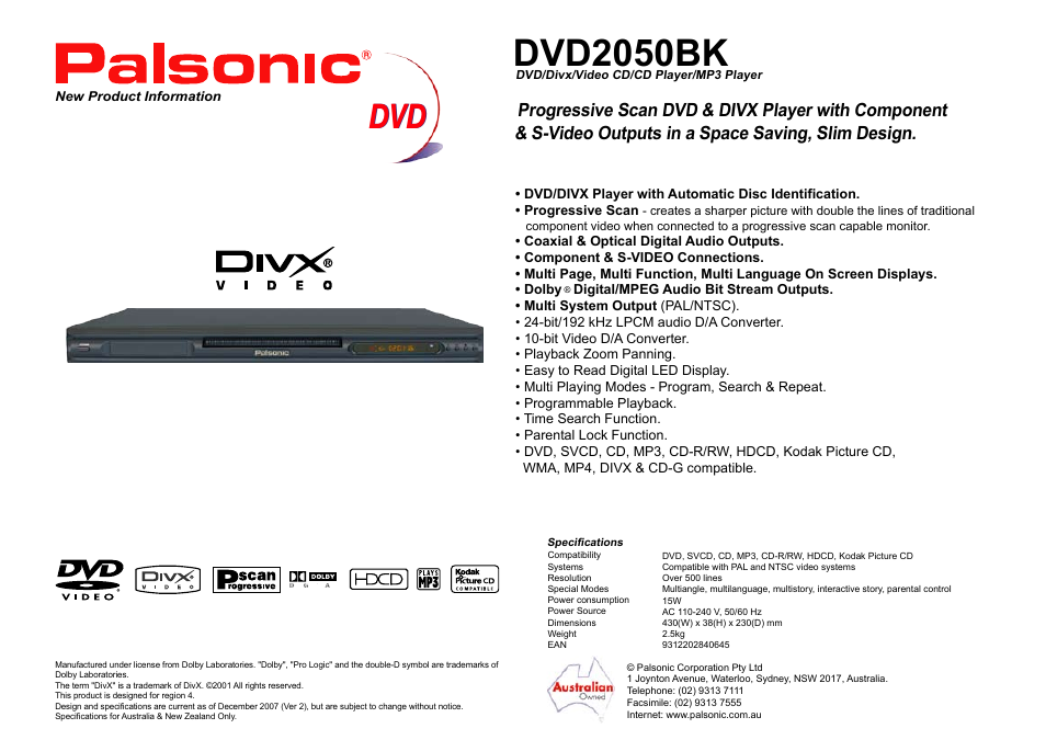 Palsonic DVD2050BK User Manual | 1 page