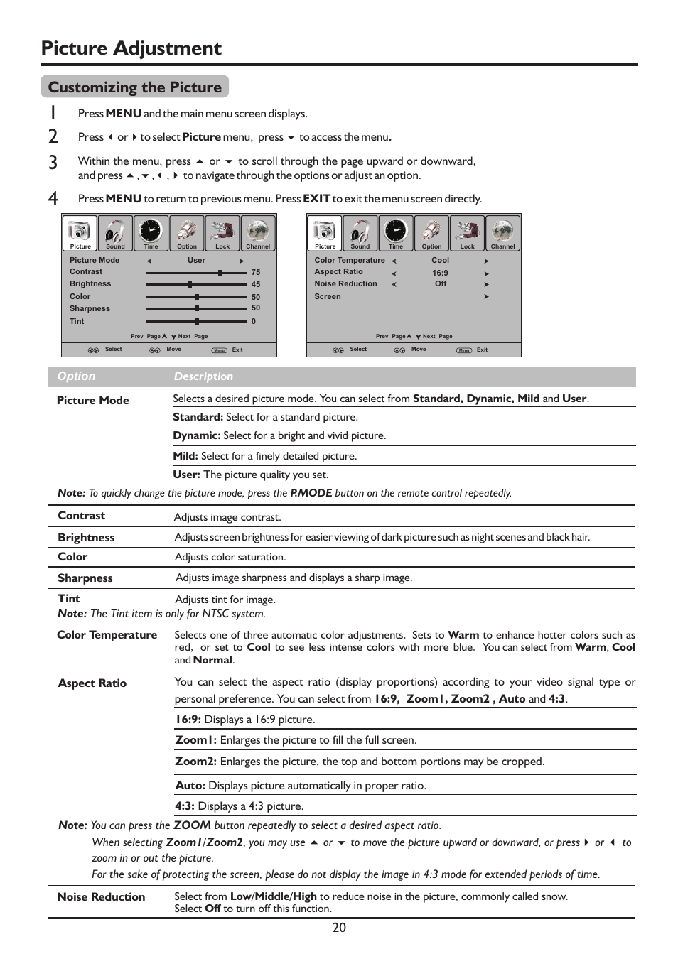 页 23, Picture adjustment, Customizing the picture | Palsonic PDP4225HD User Manual | Page 23 / 37