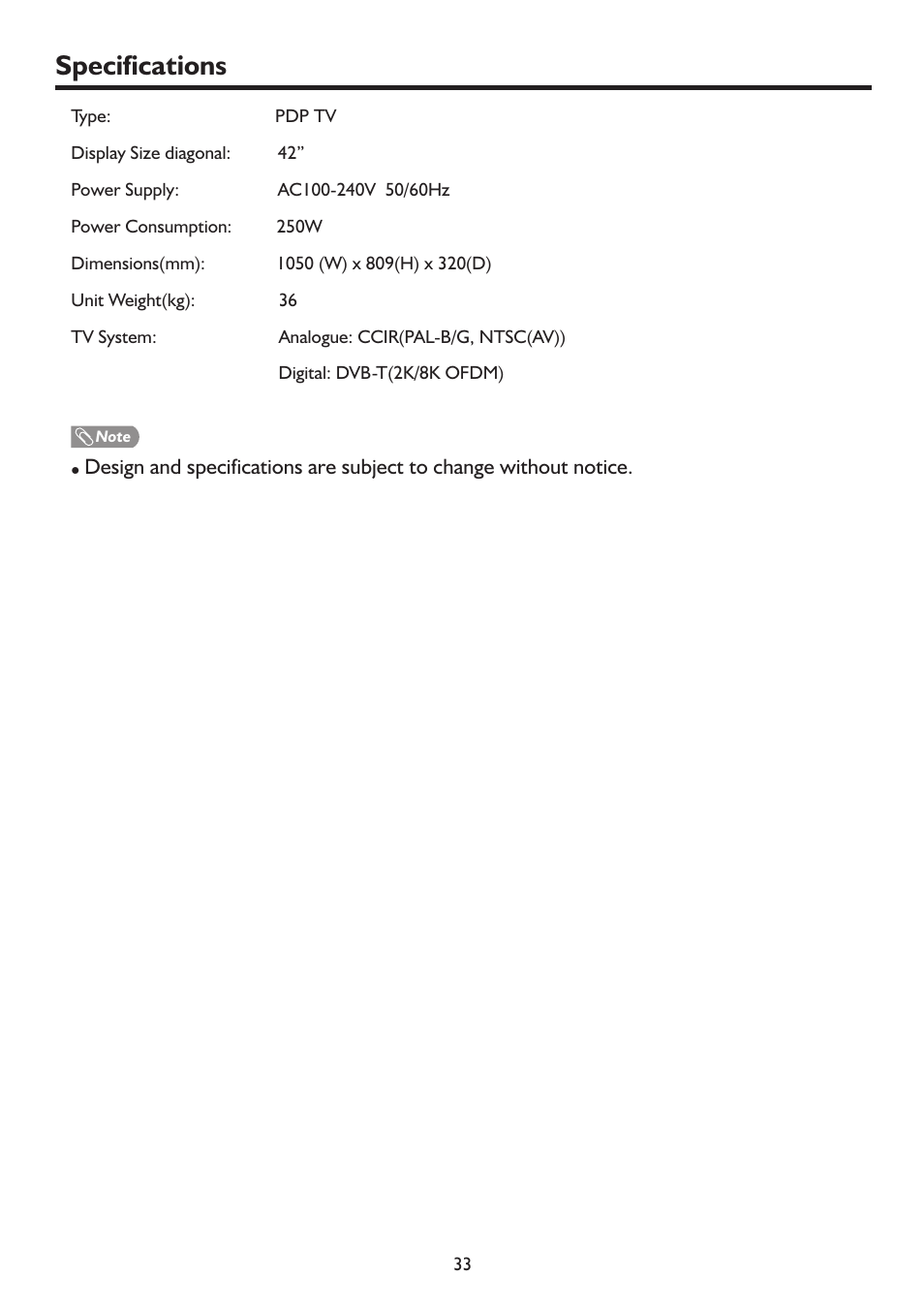 页 36, Specifications | Palsonic PDP4225HD User Manual | Page 36 / 37