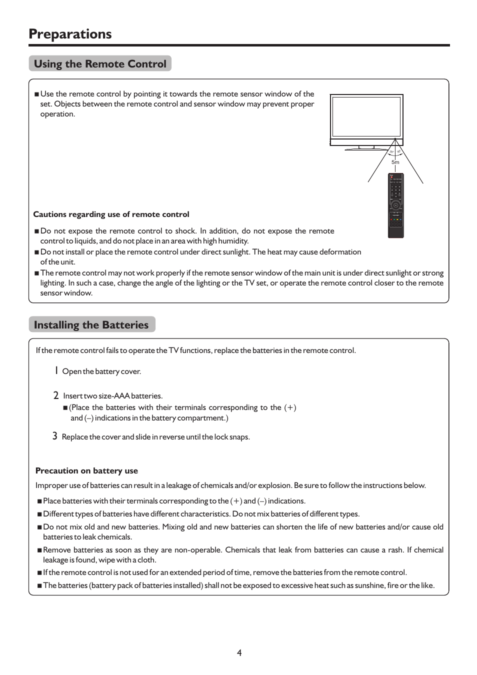 Preparations, Using the remote control installing the batteries | Palsonic PDP4225HD User Manual | Page 7 / 37
