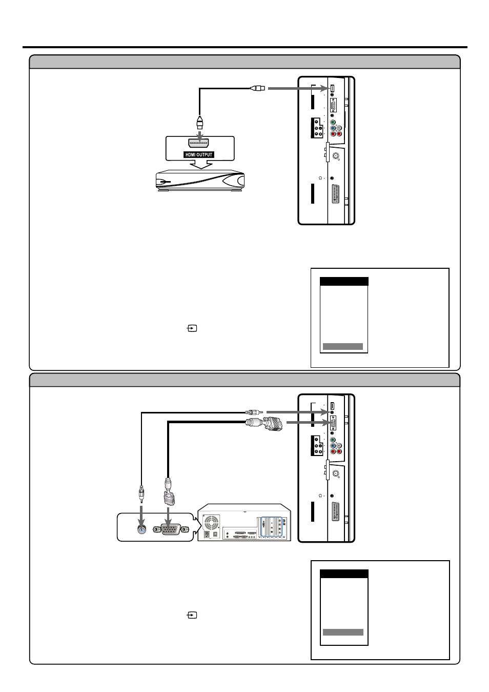 Connections, Continued), 13 how to connect | Connect a pc how to connect, Connect a product to hdmi, Product with hdmi jack, D-sub cable audio cable | Palsonic TFTV815S User Manual | Page 16 / 36