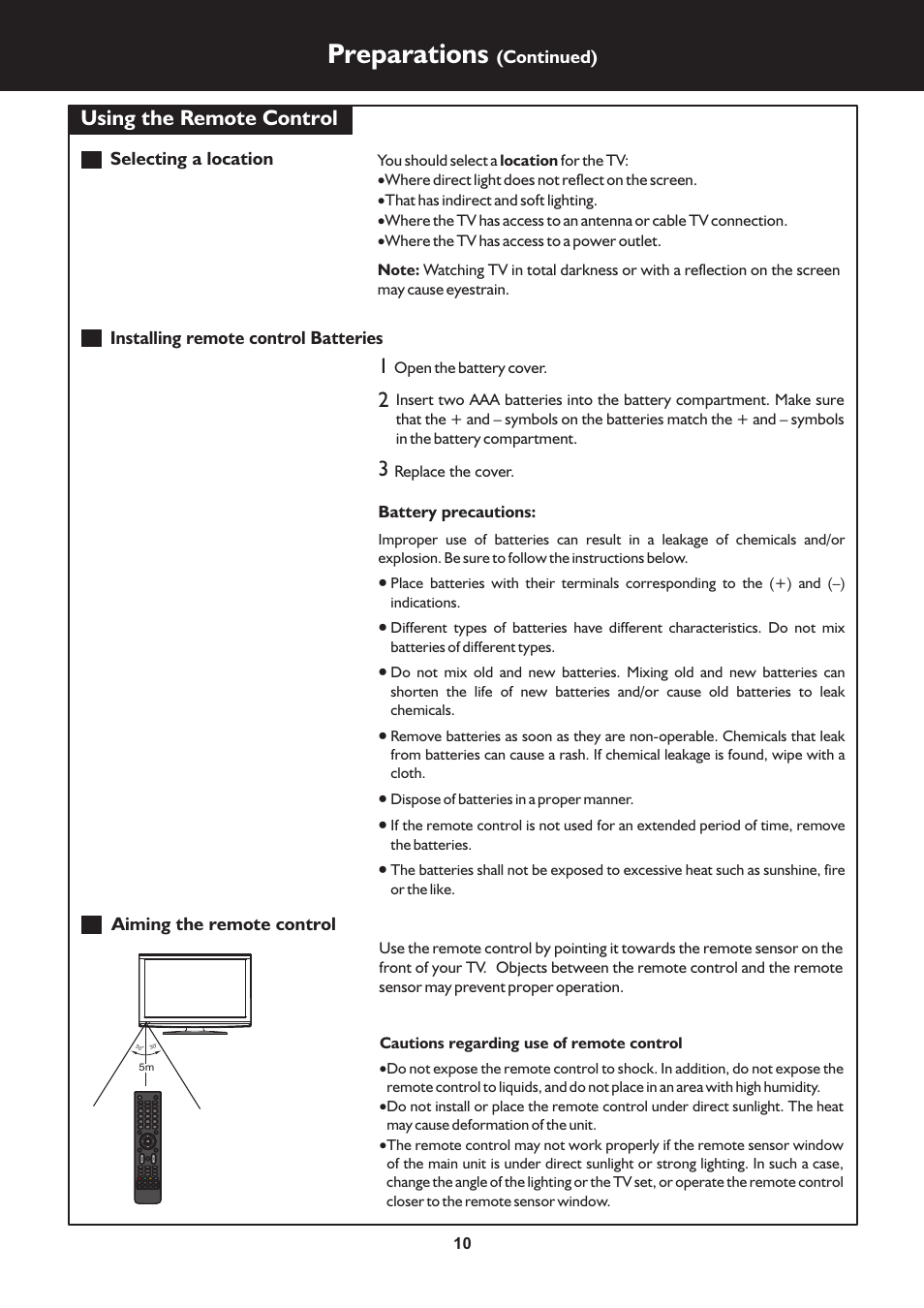 页 10, Preparations, Using the remote control | Palsonic TFTV663R User Manual | Page 10 / 40