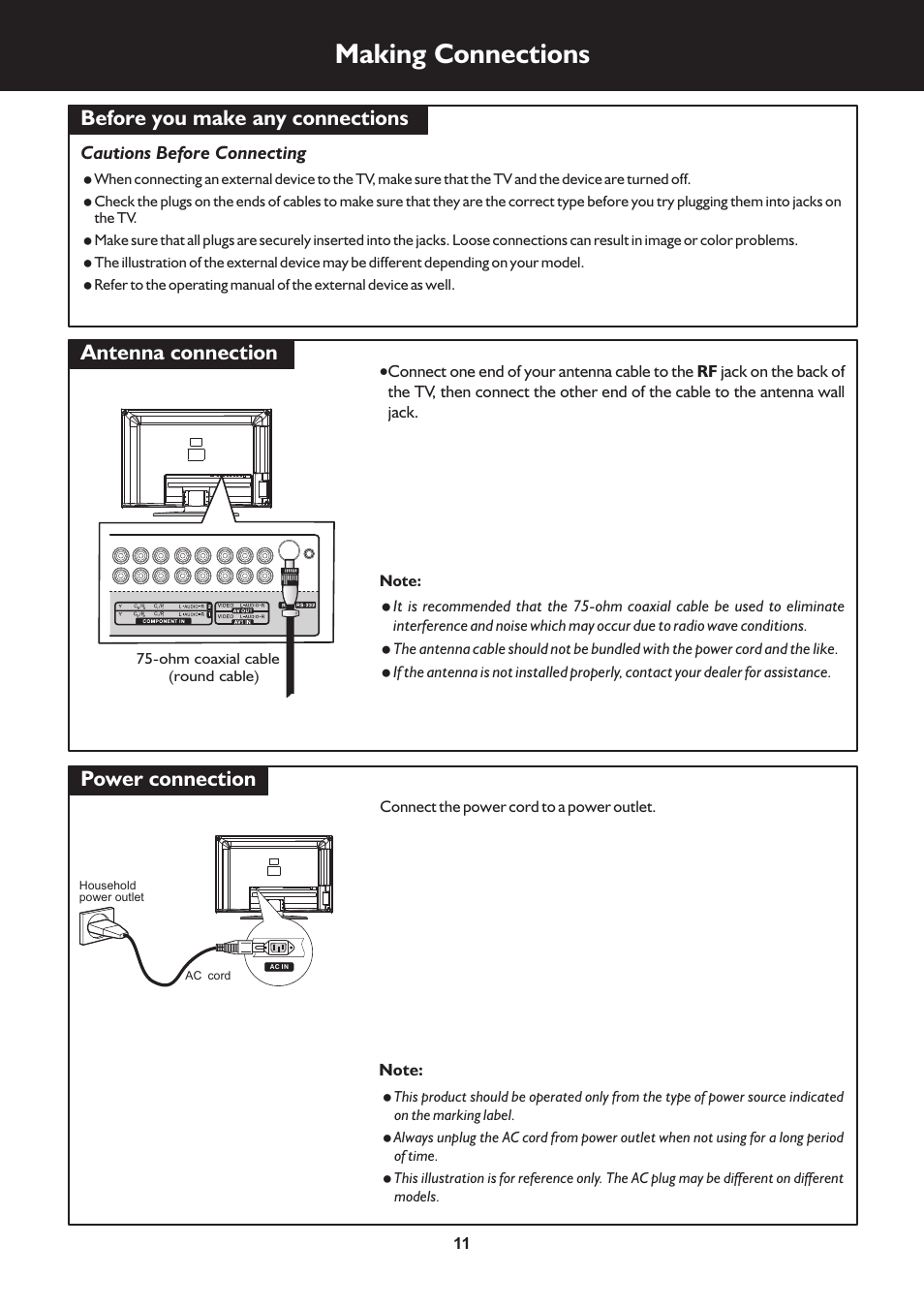 页 11, Making connections, Before you make any connections antenna connection | Power connection | Palsonic TFTV663R User Manual | Page 11 / 40