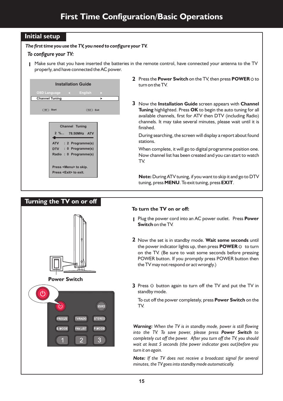 页 15, First time configuration/basic operations, Initial setup | Turning the tv on or off | Palsonic TFTV663R User Manual | Page 15 / 40