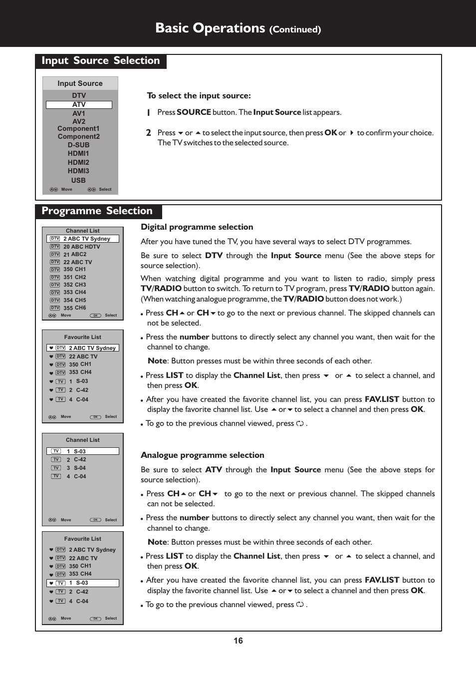 页 16, Basic operations, Input | Source, Selection, Programme, Continued), Analogue programme selection, Digital programme selection | Palsonic TFTV663R User Manual | Page 16 / 40
