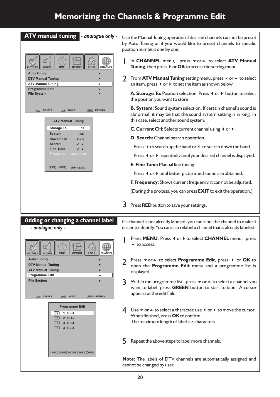 页 20, Atv manual tuning, Adding or changing a channel label | Analogue only | Palsonic TFTV663R User Manual | Page 20 / 40