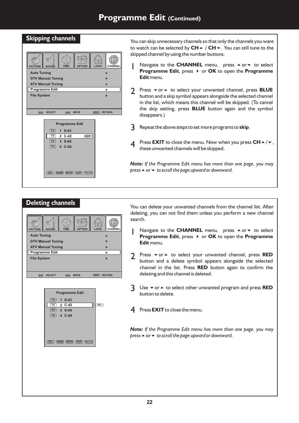 页 22, Programme edit, Skipping channels deleting channels | Continued), Press exit to close the menu | Palsonic TFTV663R User Manual | Page 22 / 40
