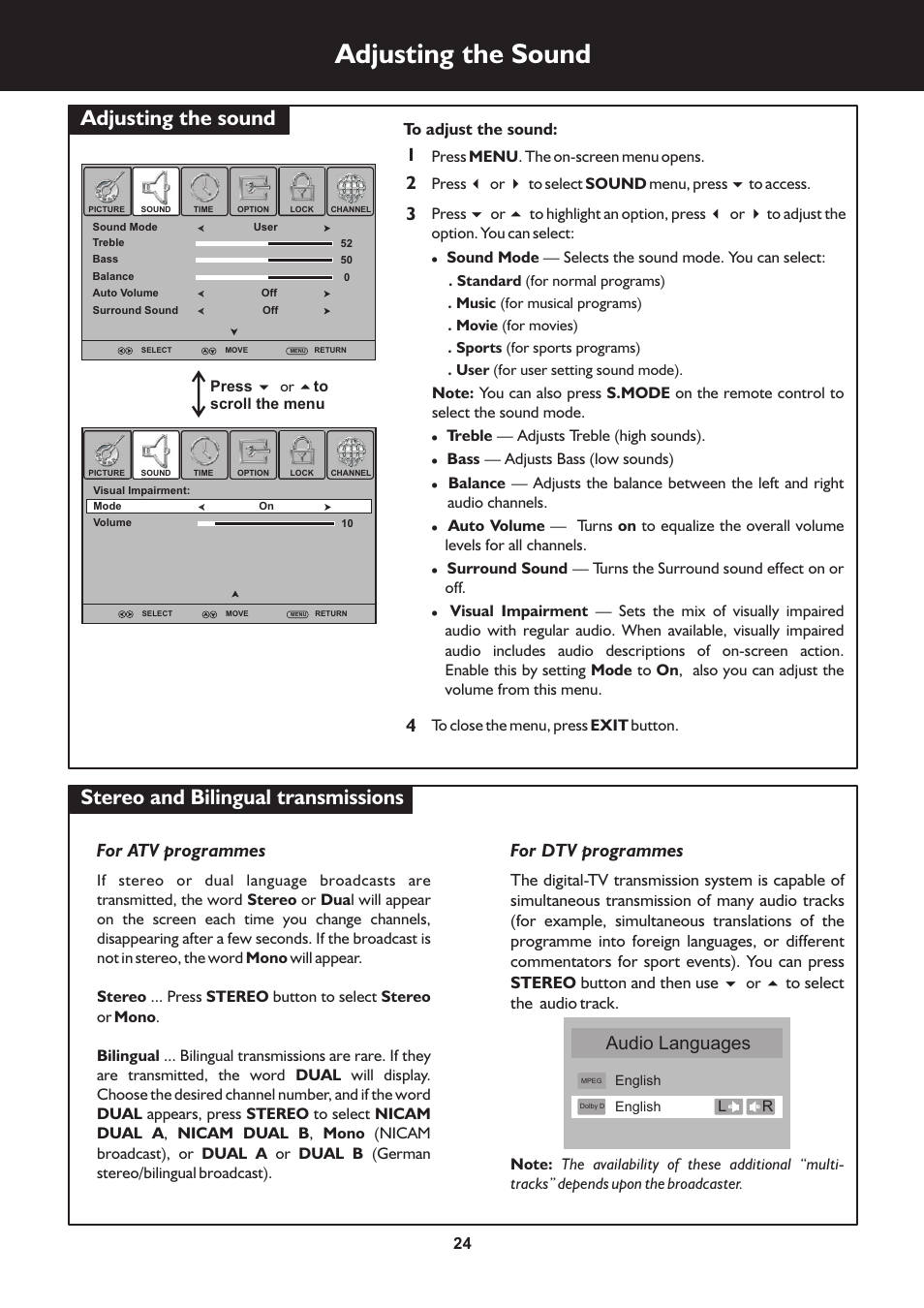 页 24, Adjusting the sound, For atv programmes | For dtv programmes, 4audio languages | Palsonic TFTV663R User Manual | Page 24 / 40