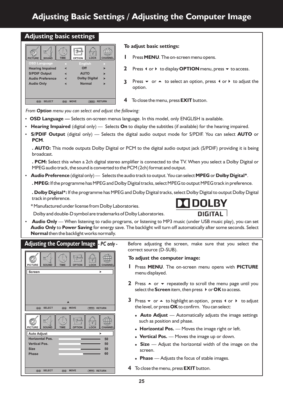 页 25, Adjusting basic settings, Adjusting the computer image | Pc only | Palsonic TFTV663R User Manual | Page 25 / 40