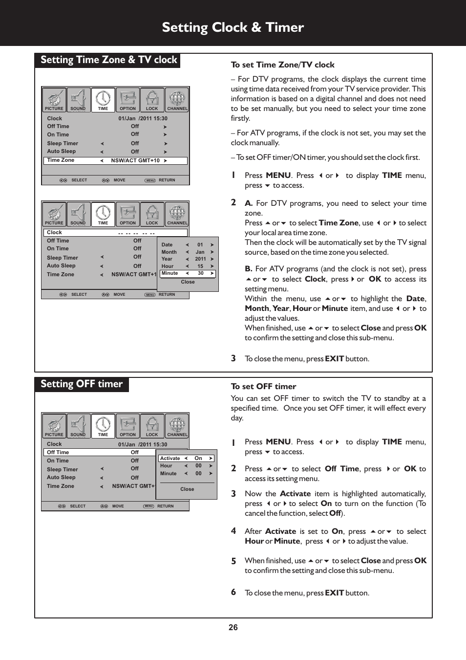 页 26, Setting clock & timer, Setting time zone & tv clock | Setting off timer | Palsonic TFTV663R User Manual | Page 26 / 40