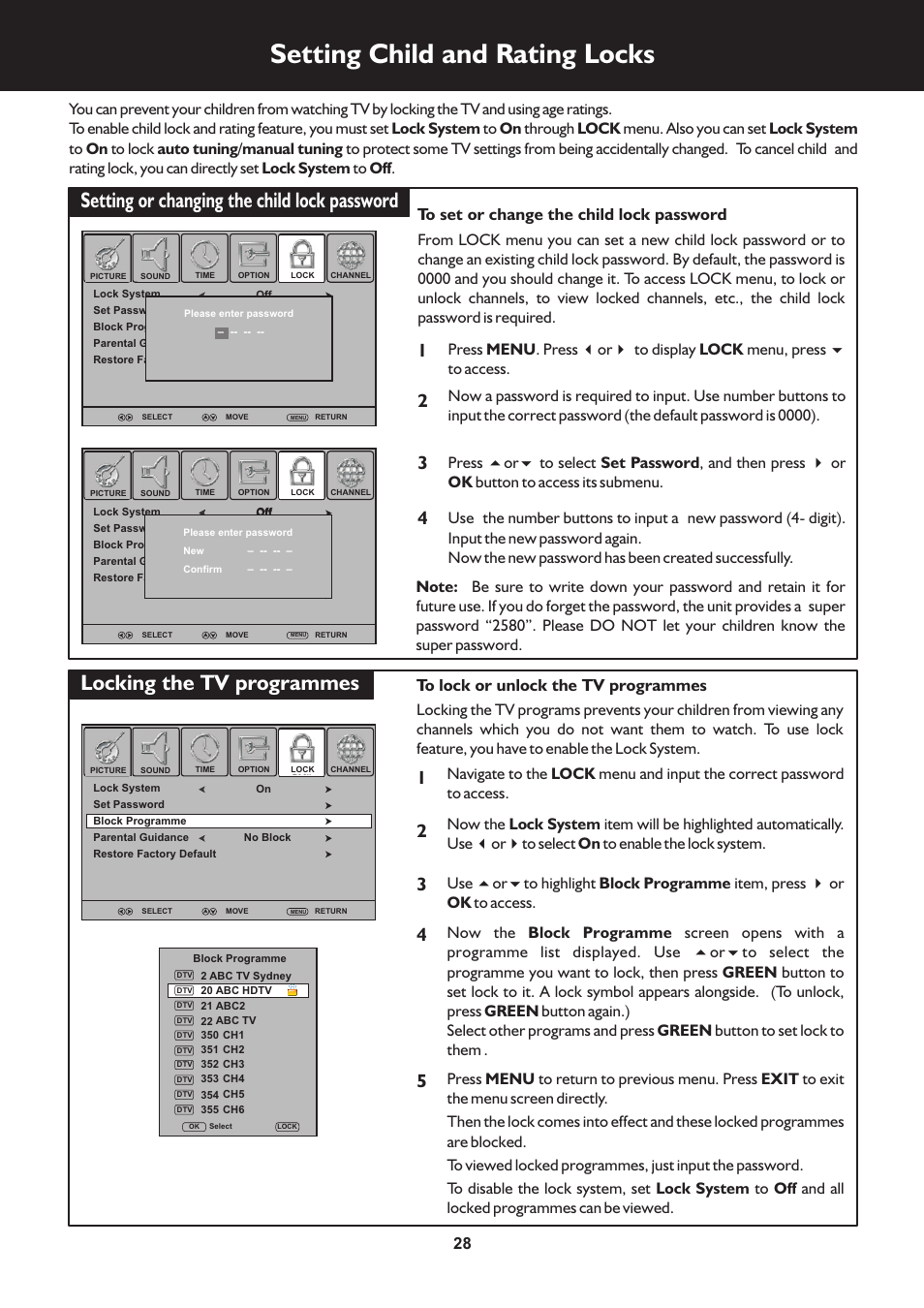 页 28, Setting child and rating locks, Setting or changing the child lock password | Locking the tv programmes | Palsonic TFTV663R User Manual | Page 28 / 40