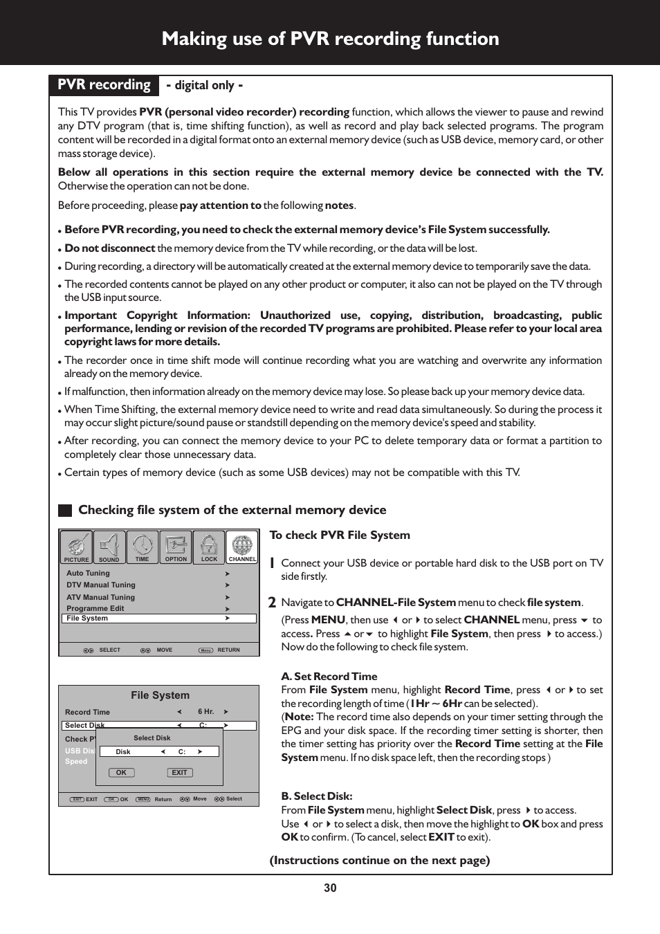 页 30, Making use of pvr recording function, Pvr recording | Digital only, Instructions continue on the next page) | Palsonic TFTV663R User Manual | Page 30 / 40