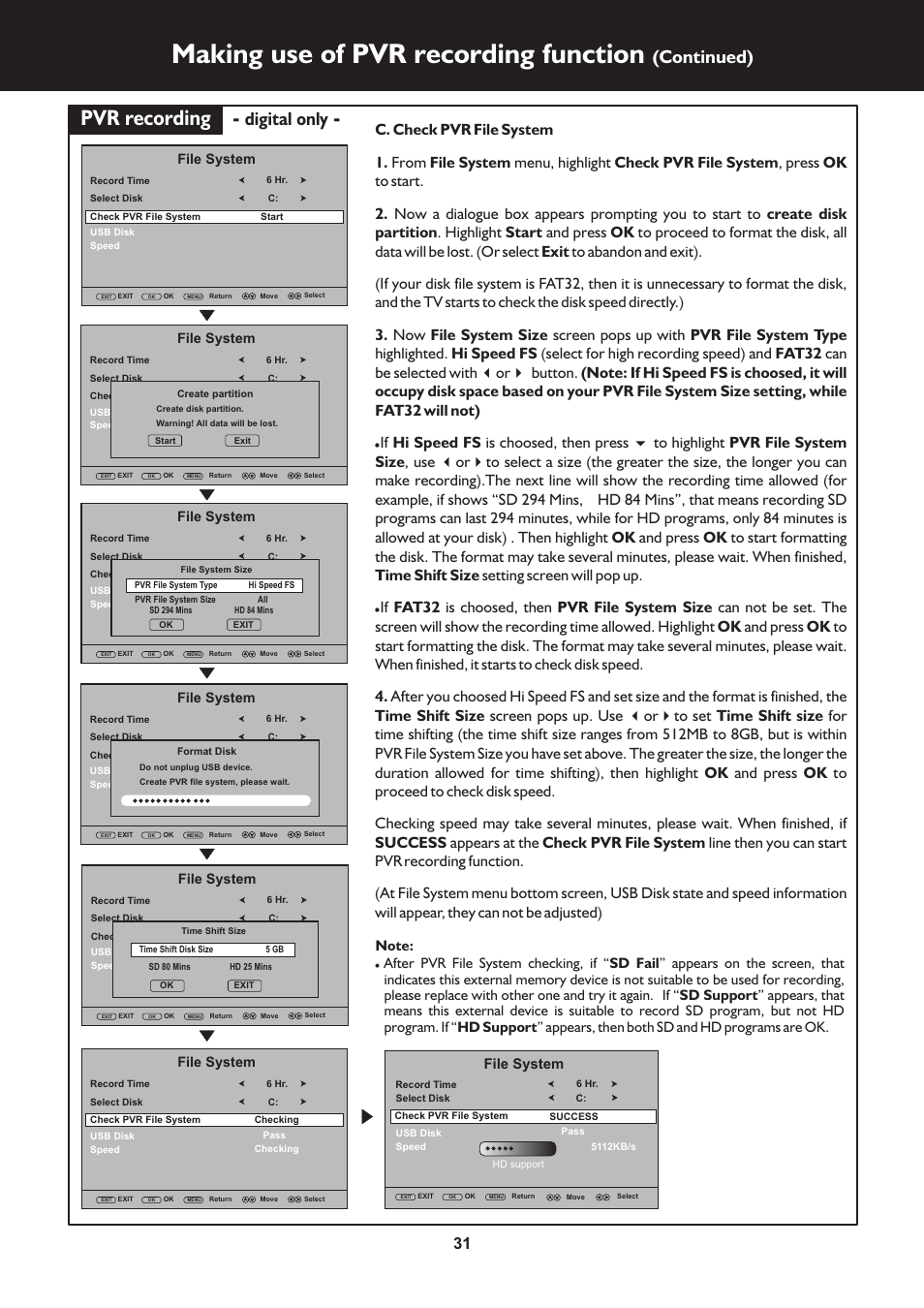 页 31, Making use of pvr recording function, Pvr recording | Continued), Digital only, File system | Palsonic TFTV663R User Manual | Page 31 / 40