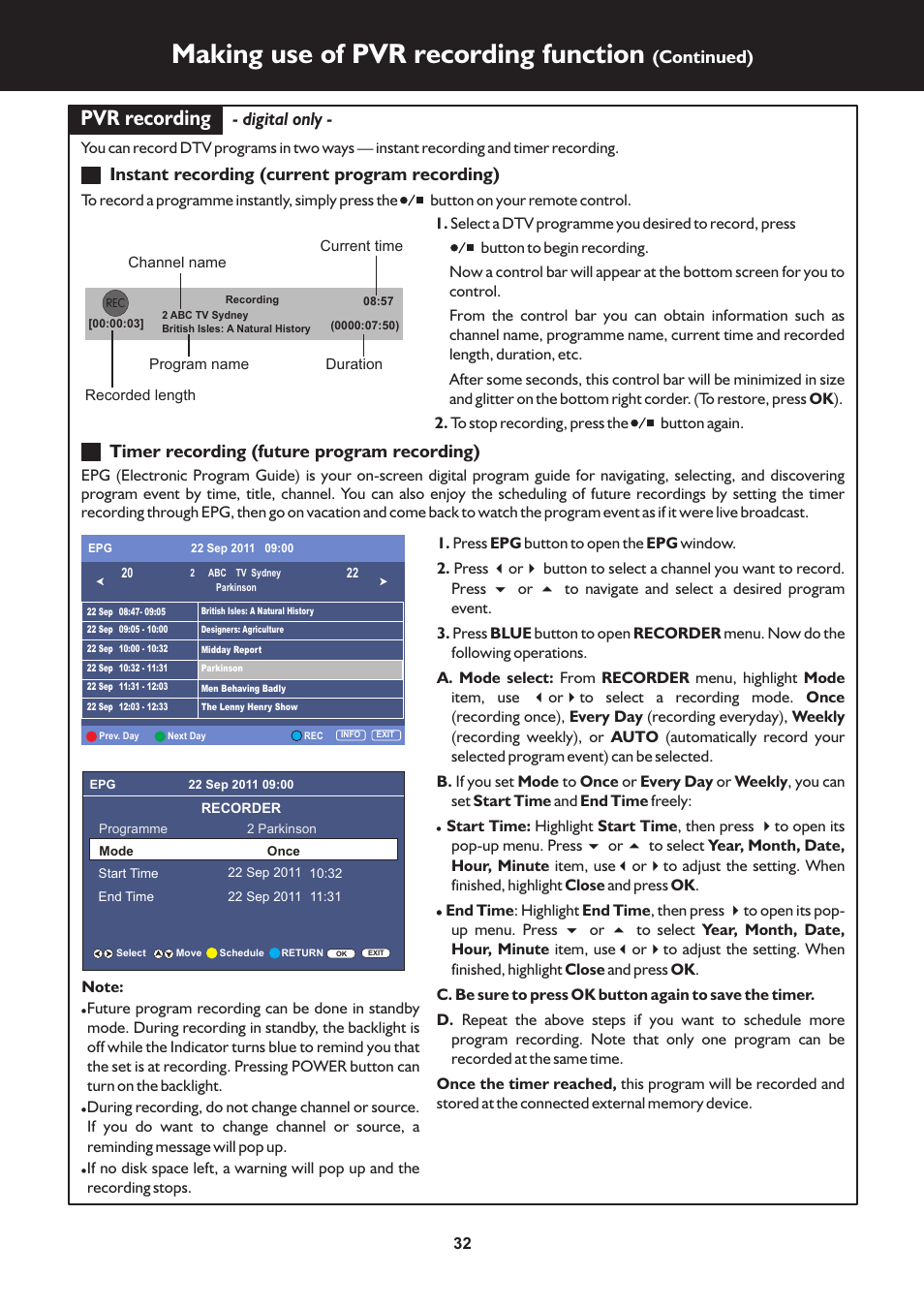 页 32, Making use of pvr recording function, Pvr recording | Continued), Digital only, Instant recording (current program recording), Timer recording (future program recording) | Palsonic TFTV663R User Manual | Page 32 / 40