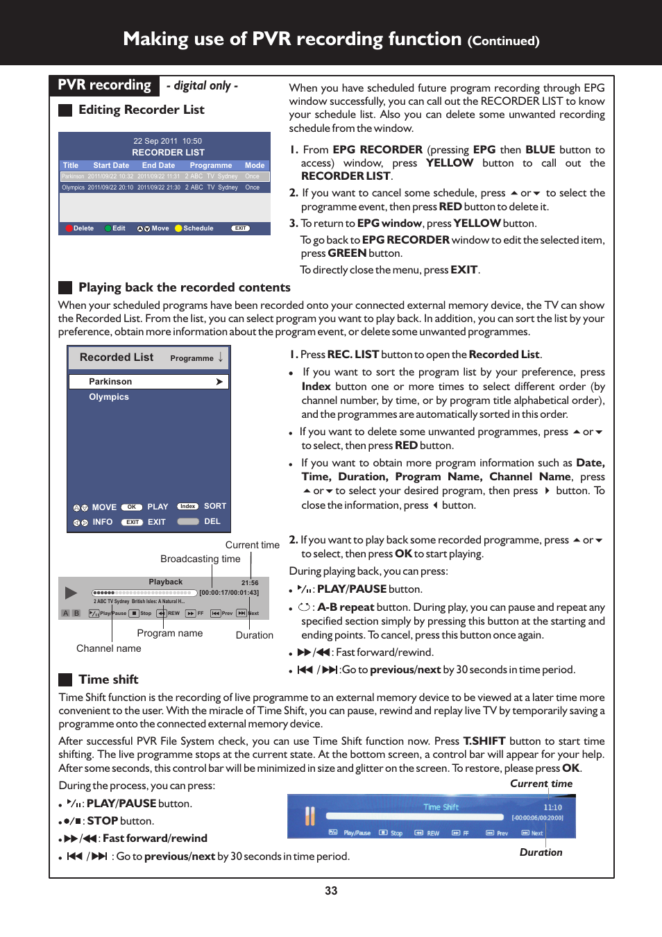 页 33, Making use of pvr recording function, Pvr recording | Continued), Time shift | Palsonic TFTV663R User Manual | Page 33 / 40