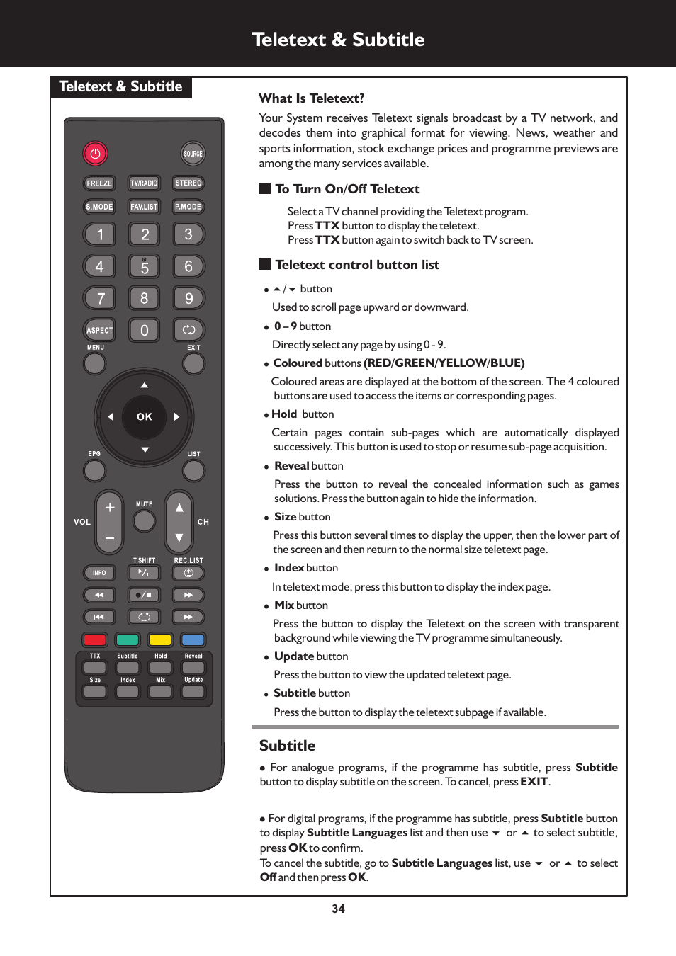 页 34, Teletext & subtitle, Subtitle | Palsonic TFTV663R User Manual | Page 34 / 40