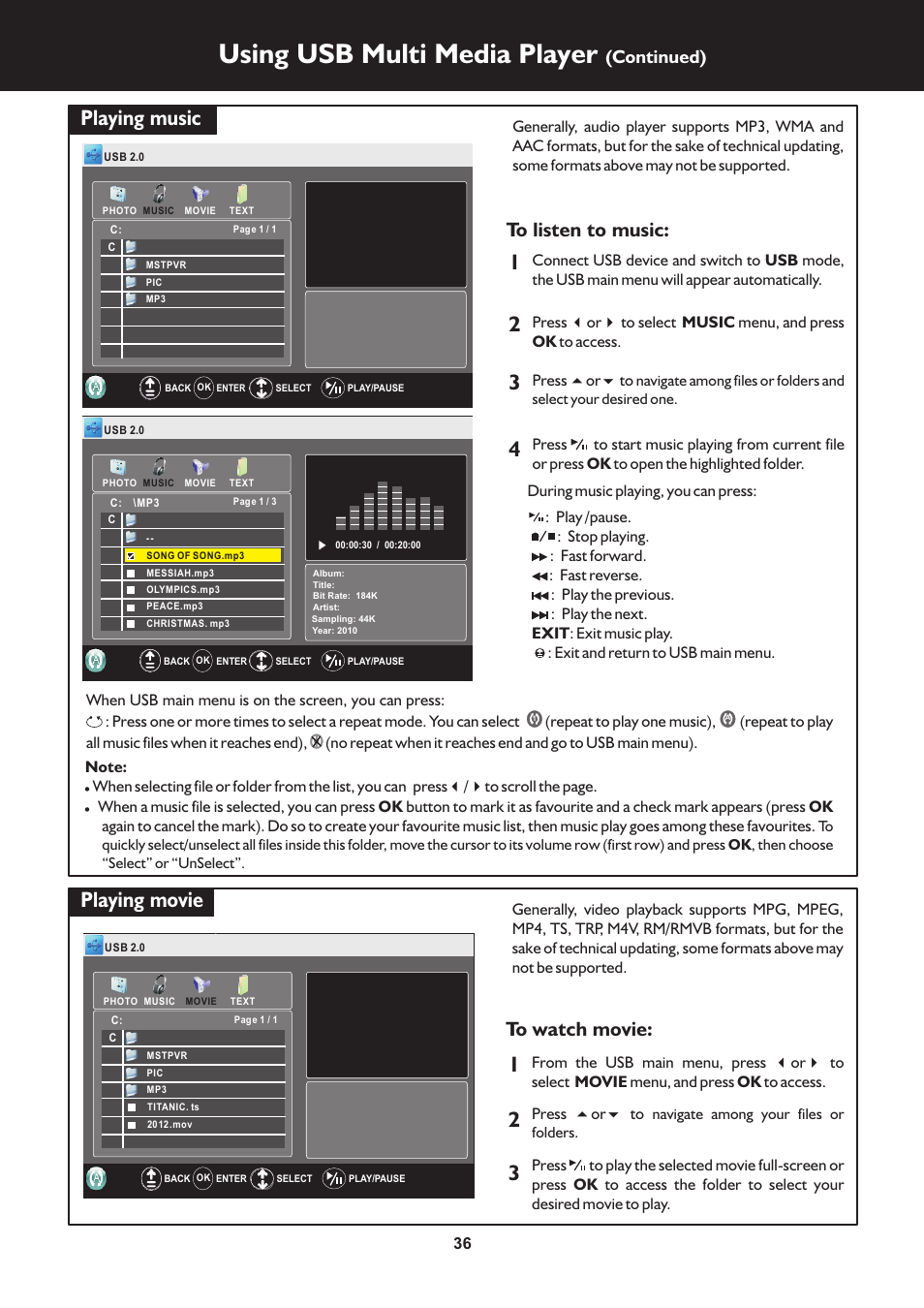 页 36, Using usb multi media player, Playing music | Playing movie, Continued) | Palsonic TFTV663R User Manual | Page 36 / 40