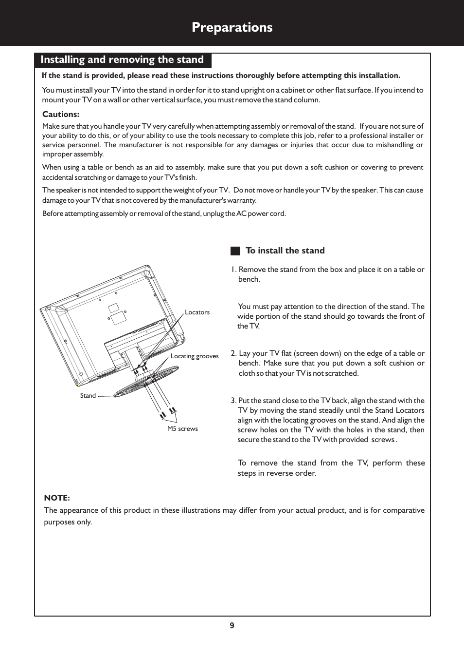 Preparations, Installing and removing the stand | Palsonic TFTV663R User Manual | Page 9 / 40