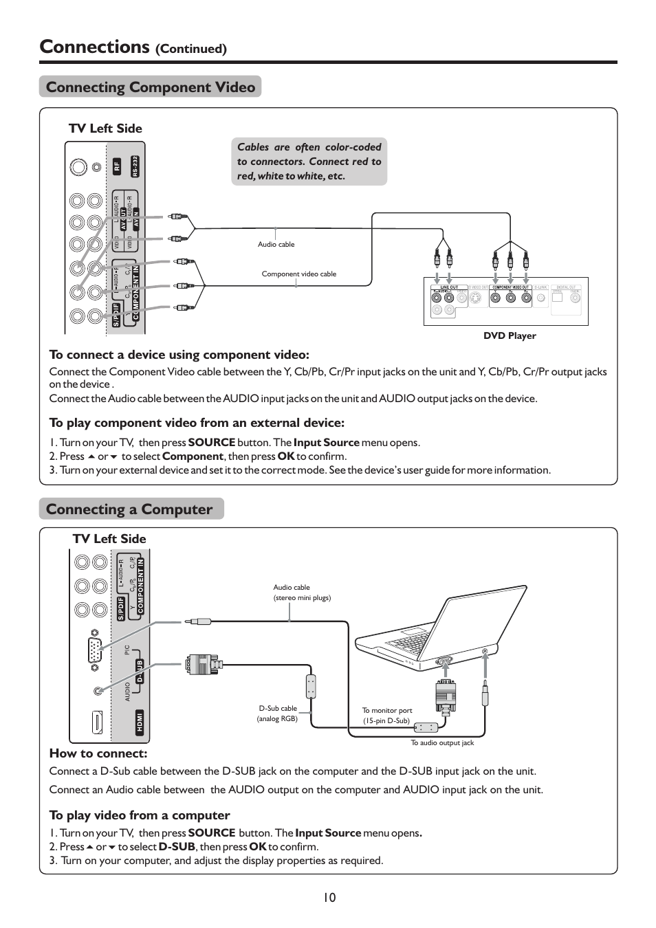 页 13, Connections, Connecting component video | Connecting a computer | Palsonic TFTV683HD User Manual | Page 13 / 37