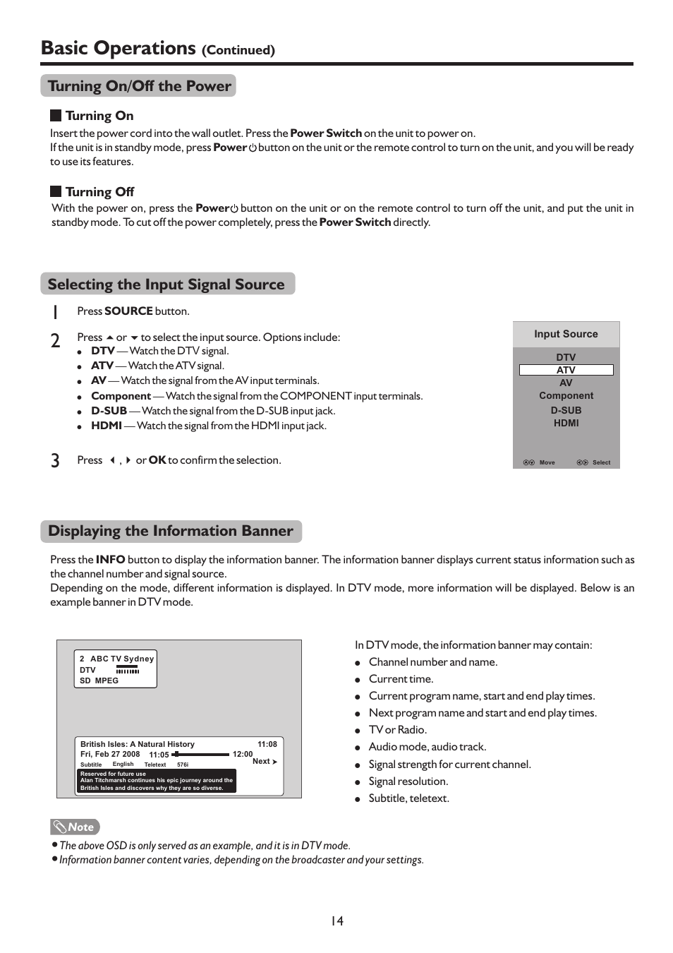 页 17, Basic operations, Displaying the information banner | Selecting the input signal source, Turning on/off the power | Palsonic TFTV683HD User Manual | Page 17 / 37