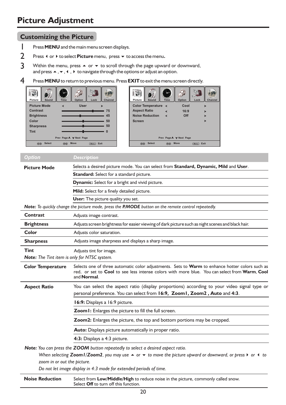 页 23, Picture adjustment, Customizing the picture | Palsonic TFTV683HD User Manual | Page 23 / 37