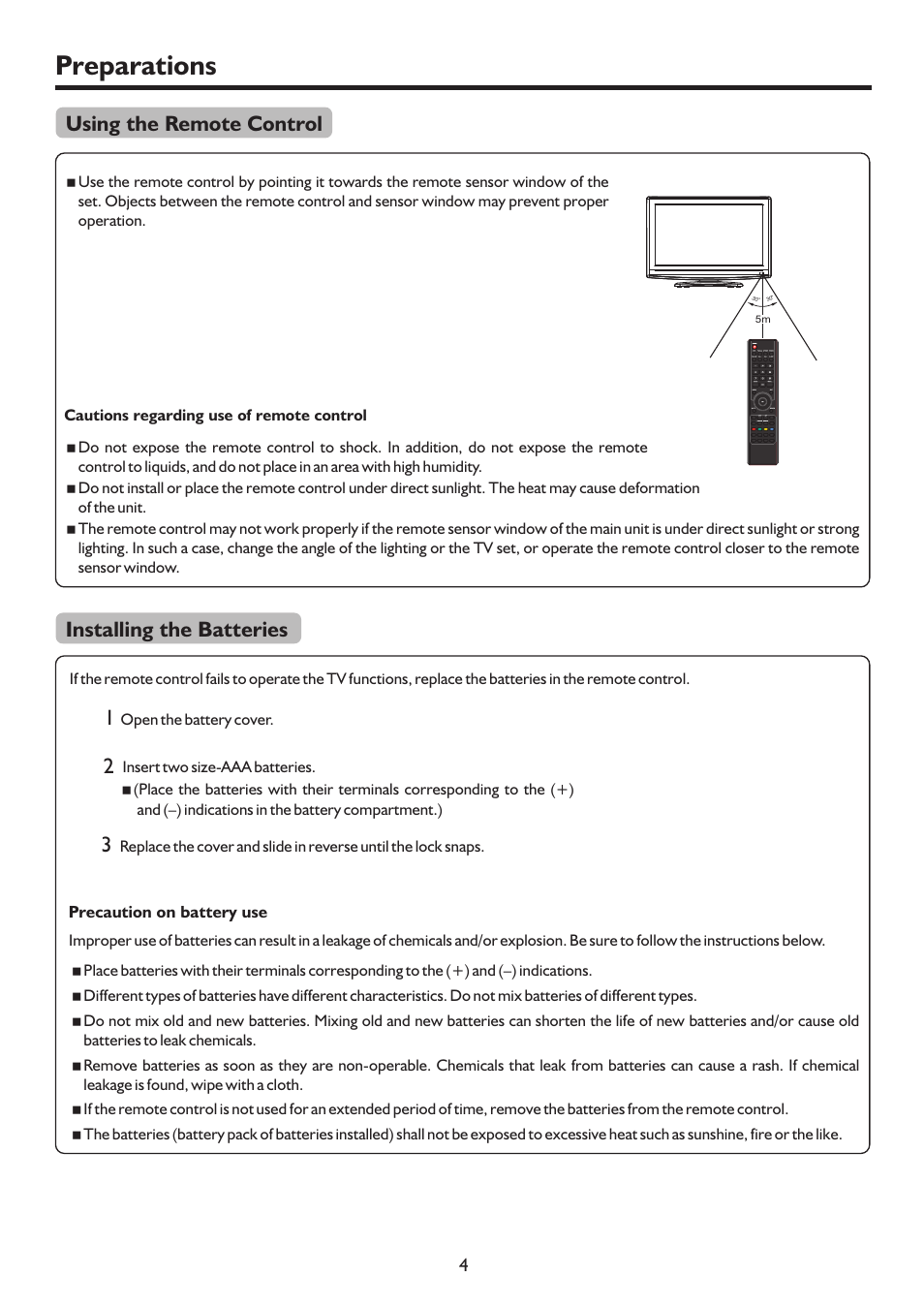 Preparations, Using the remote control installing the batteries | Palsonic TFTV683HD User Manual | Page 7 / 37