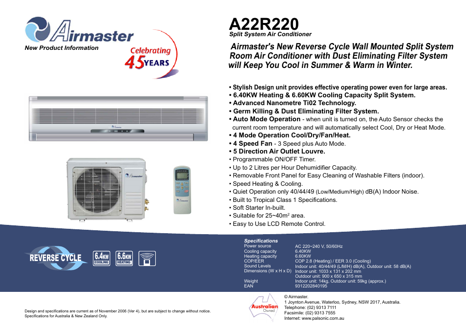Palsonic A22R220 User Manual | 1 page