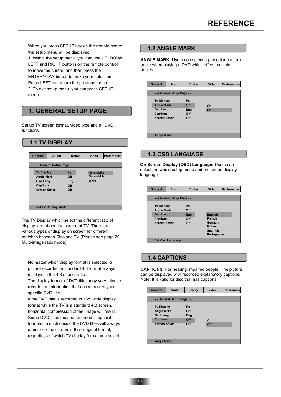 Dvd2060dx-17 copy, Reference, General setup page | 1 tv display, 2 angle mark, 3 osd language 1.4 captions | Palsonic DVD2060DX User Manual | Page 18 / 25